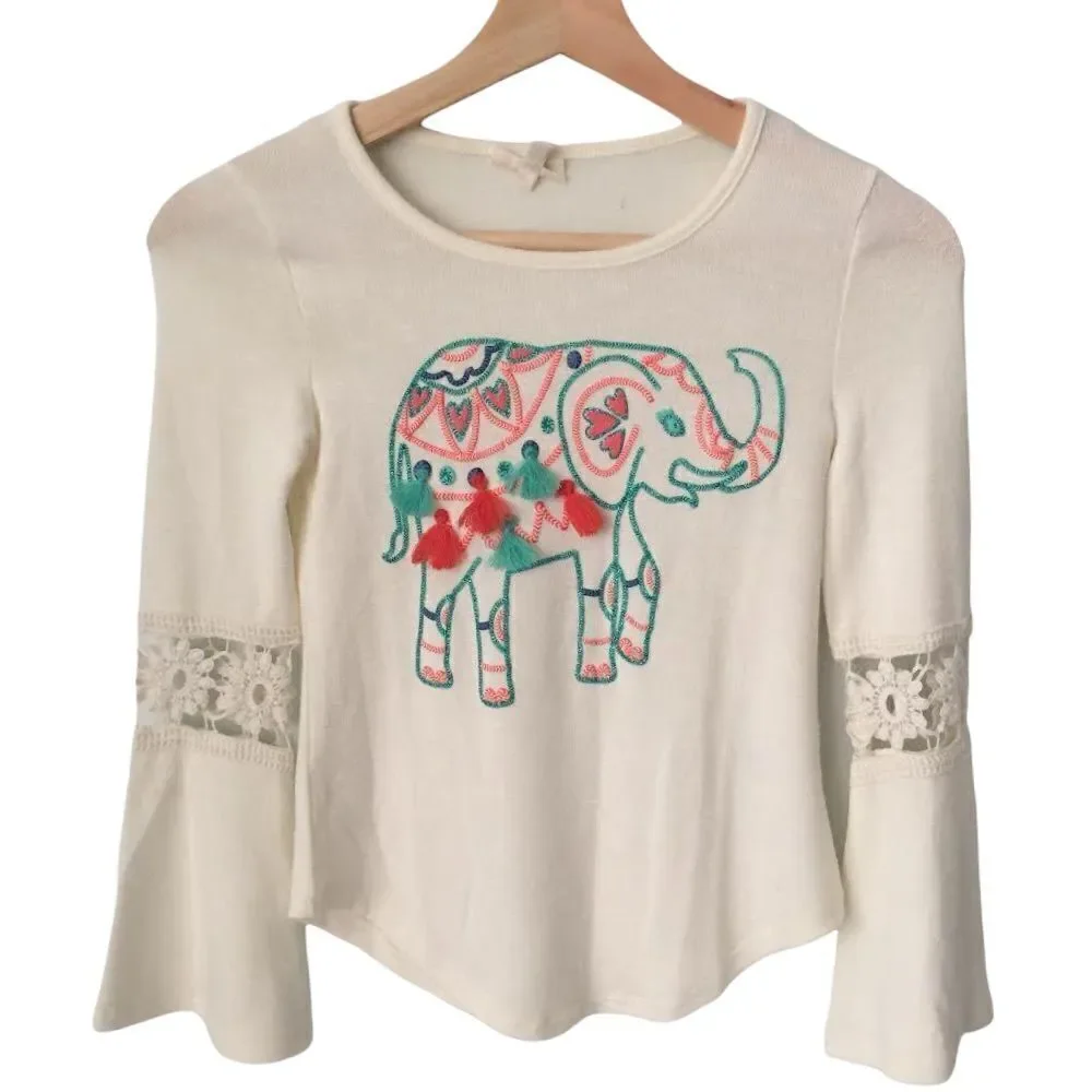 Self Esteem Boho Bell Sleeve with Embroidered Elephant Pattern Blouse in Size XS